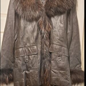 Women's Brown Leather Jacket with Faux Fur Trim